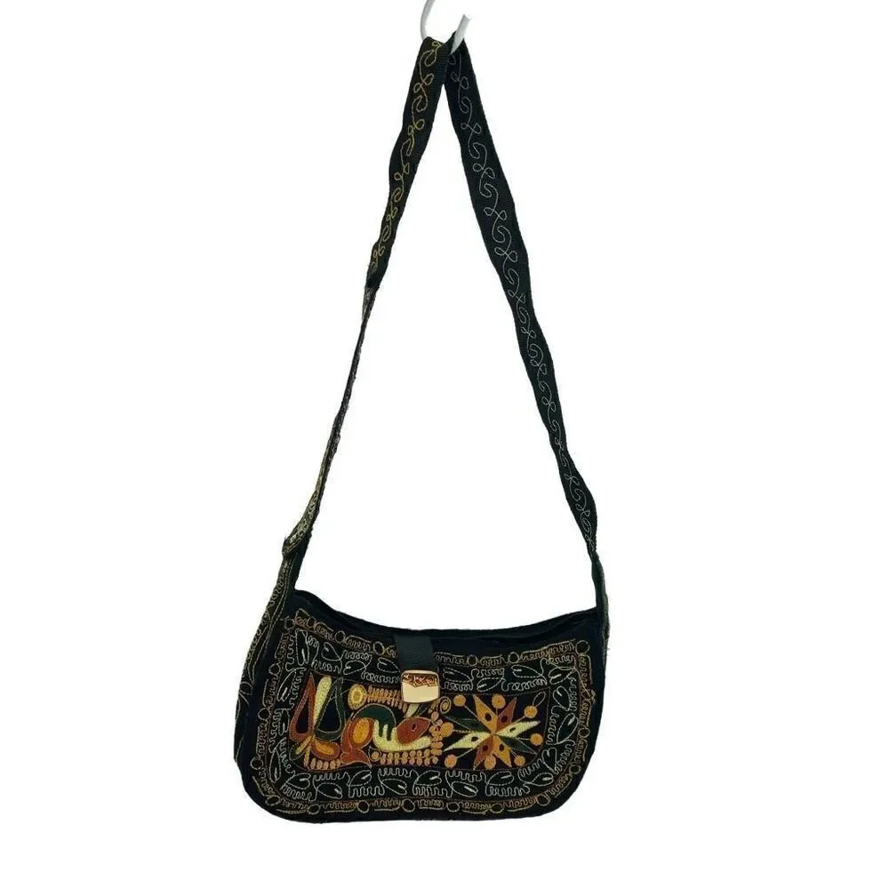 Womens Boho Bag Embroidered Handbag Purse handmade Black Multicolor